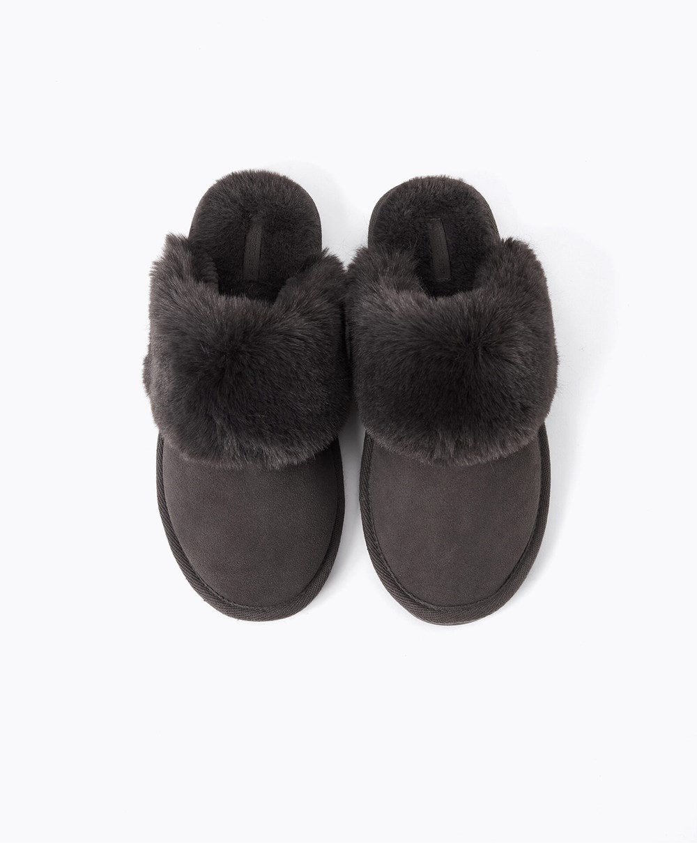 Oysho Cuff Split-leather Slippers Grå | TAHS12753