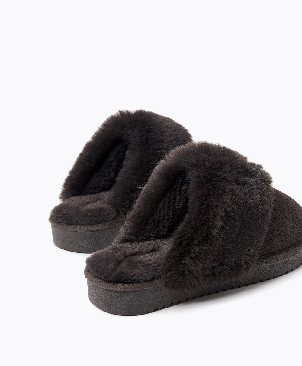 Oysho Cuff Split-leather Slippers Grå | TAHS12753