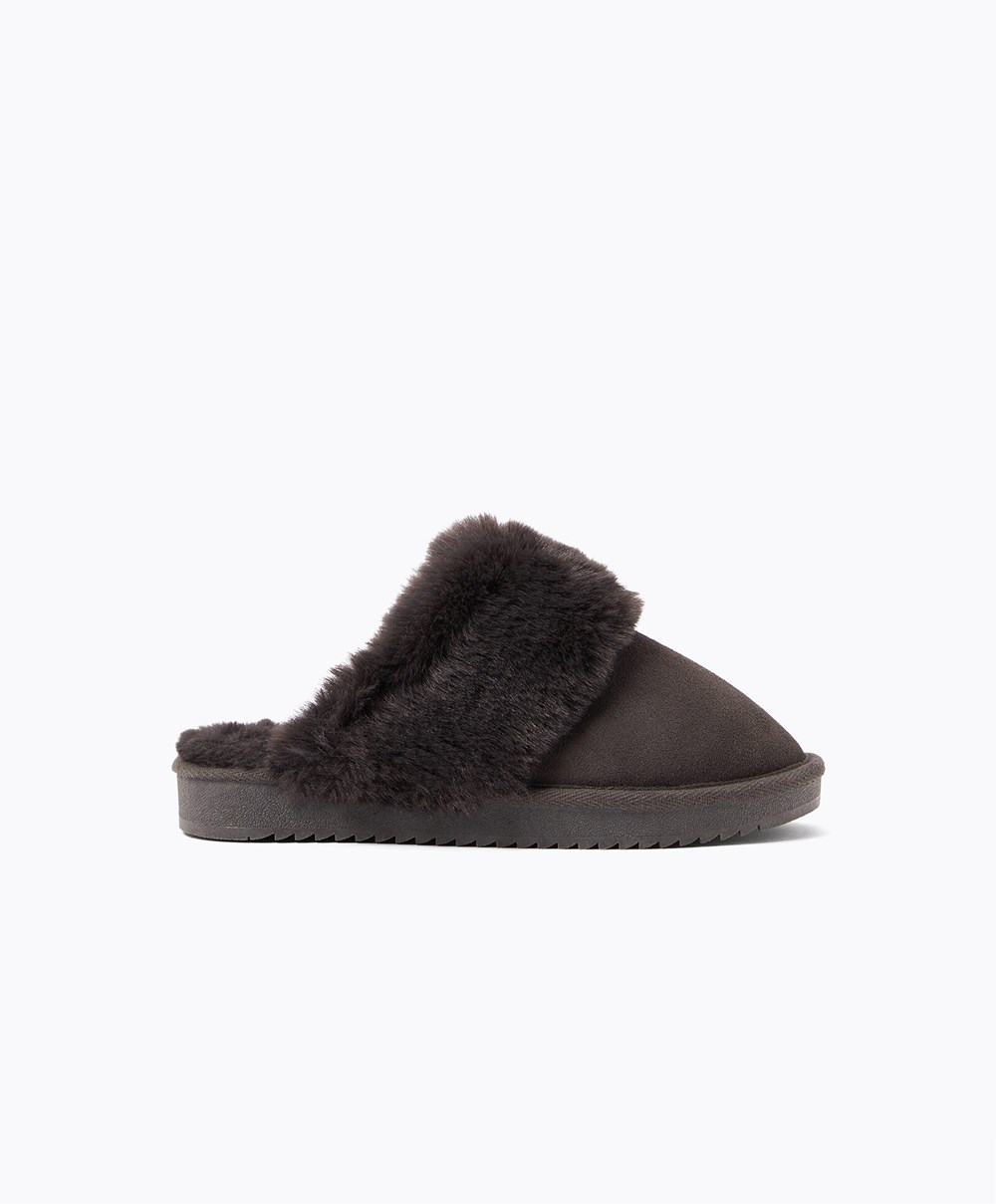 Oysho Cuff Split-leather Slippers Grå | TAHS12753