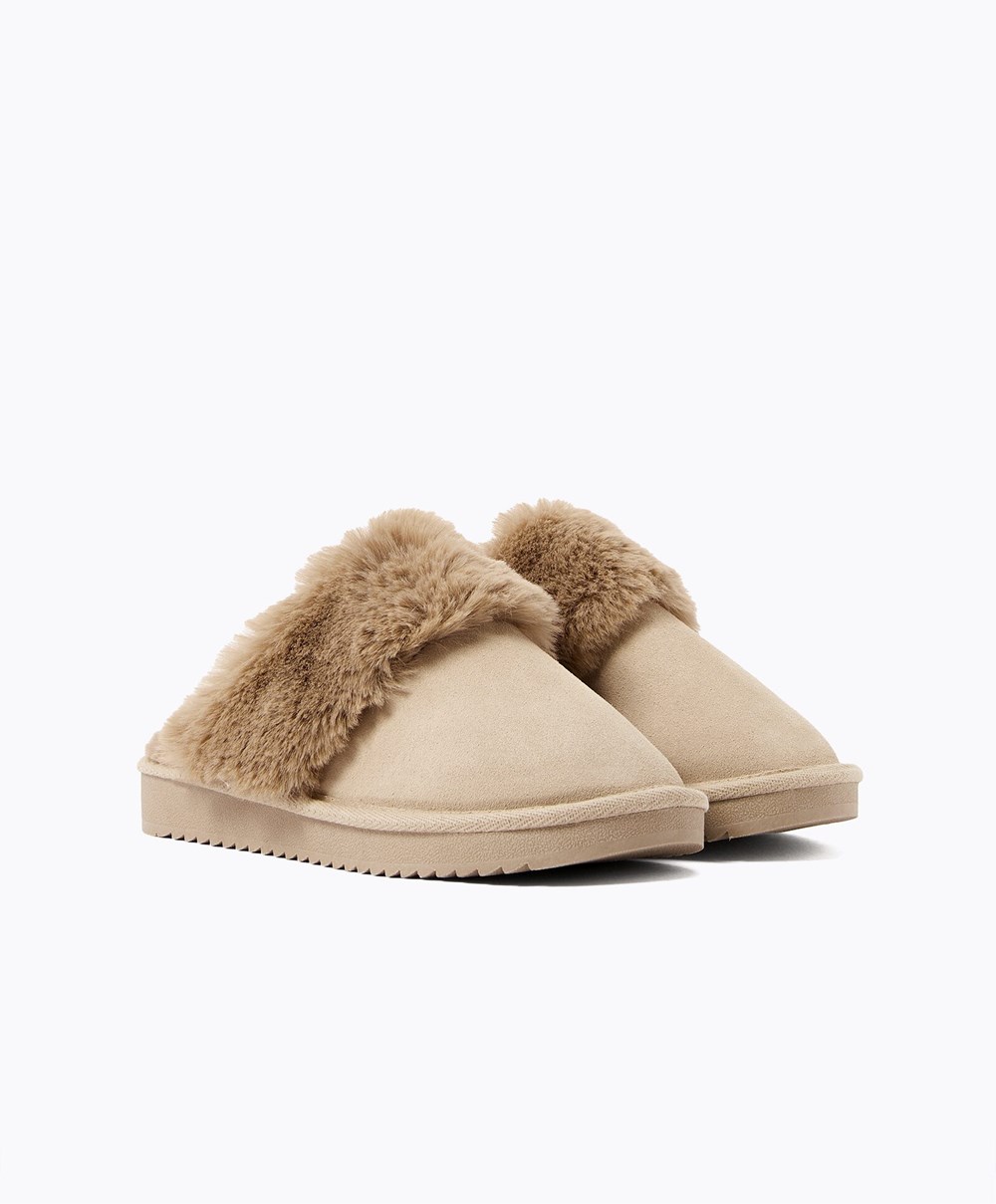 Oysho Cuff Split-leather Slippers Sand | FSPN81743