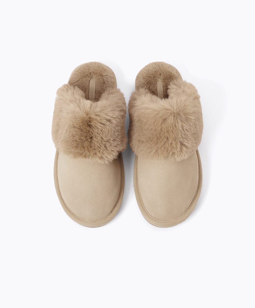 Oysho Cuff Split-leather Slippers Sand | FSPN81743