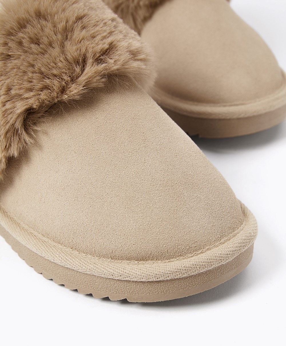 Oysho Cuff Split-leather Slippers Sand | FSPN81743