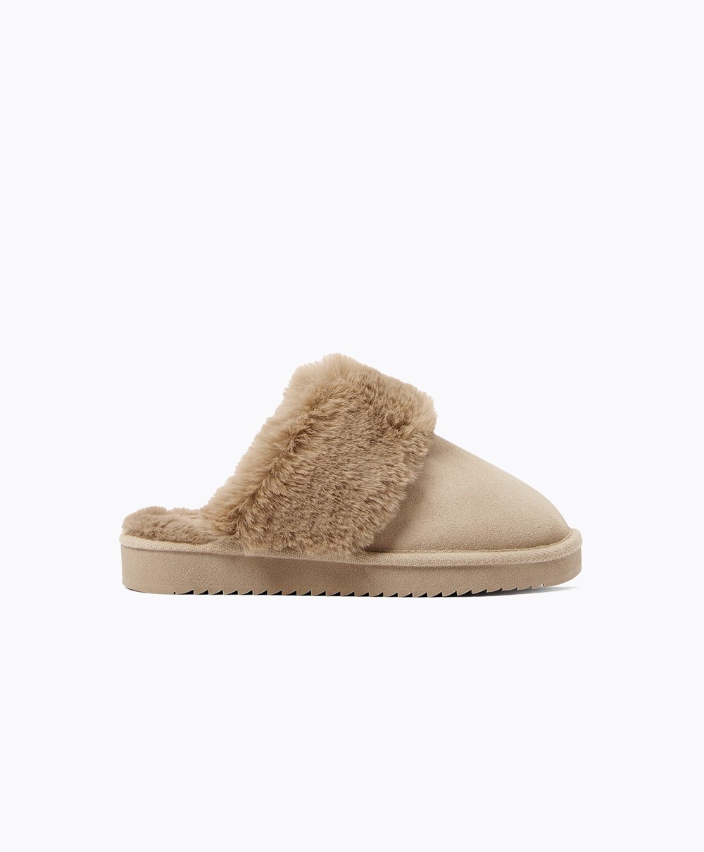 Oysho Cuff Split-leather Slippers Sand | FSPN81743