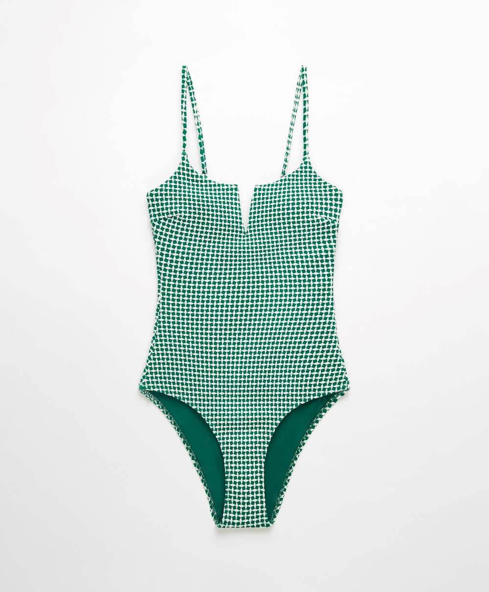 Oysho Ditsy Geometric Notched Neckline Swimsuit Grønn | PCEW39412