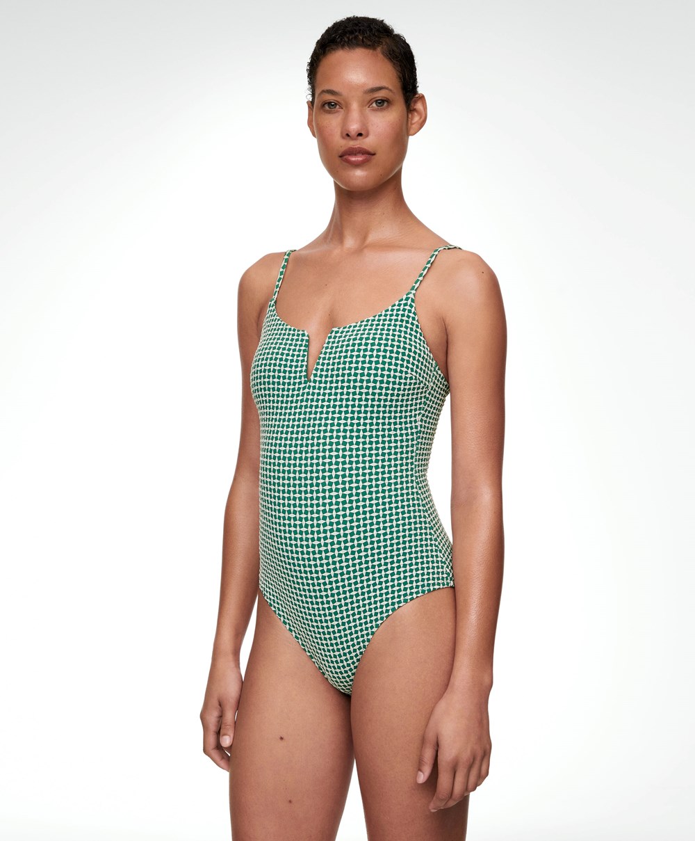 Oysho Ditsy Geometric Notched Neckline Swimsuit Grønn | PCEW39412