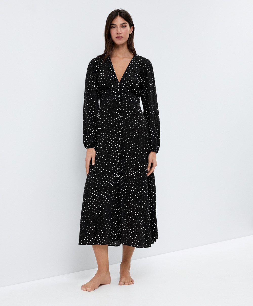 Oysho Dotted Long-sleeved Long Kjoler Svarte | JIQZ74203