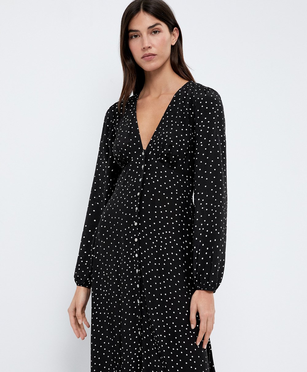 Oysho Dotted Long-sleeved Long Kjoler Svarte | JIQZ74203