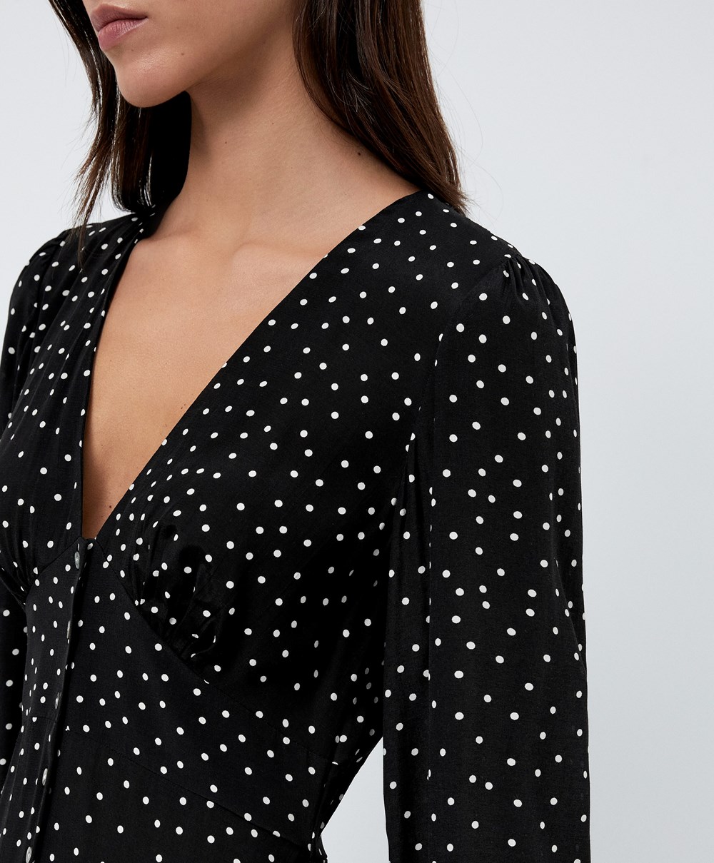 Oysho Dotted Long-sleeved Long Kjoler Svarte | JIQZ74203