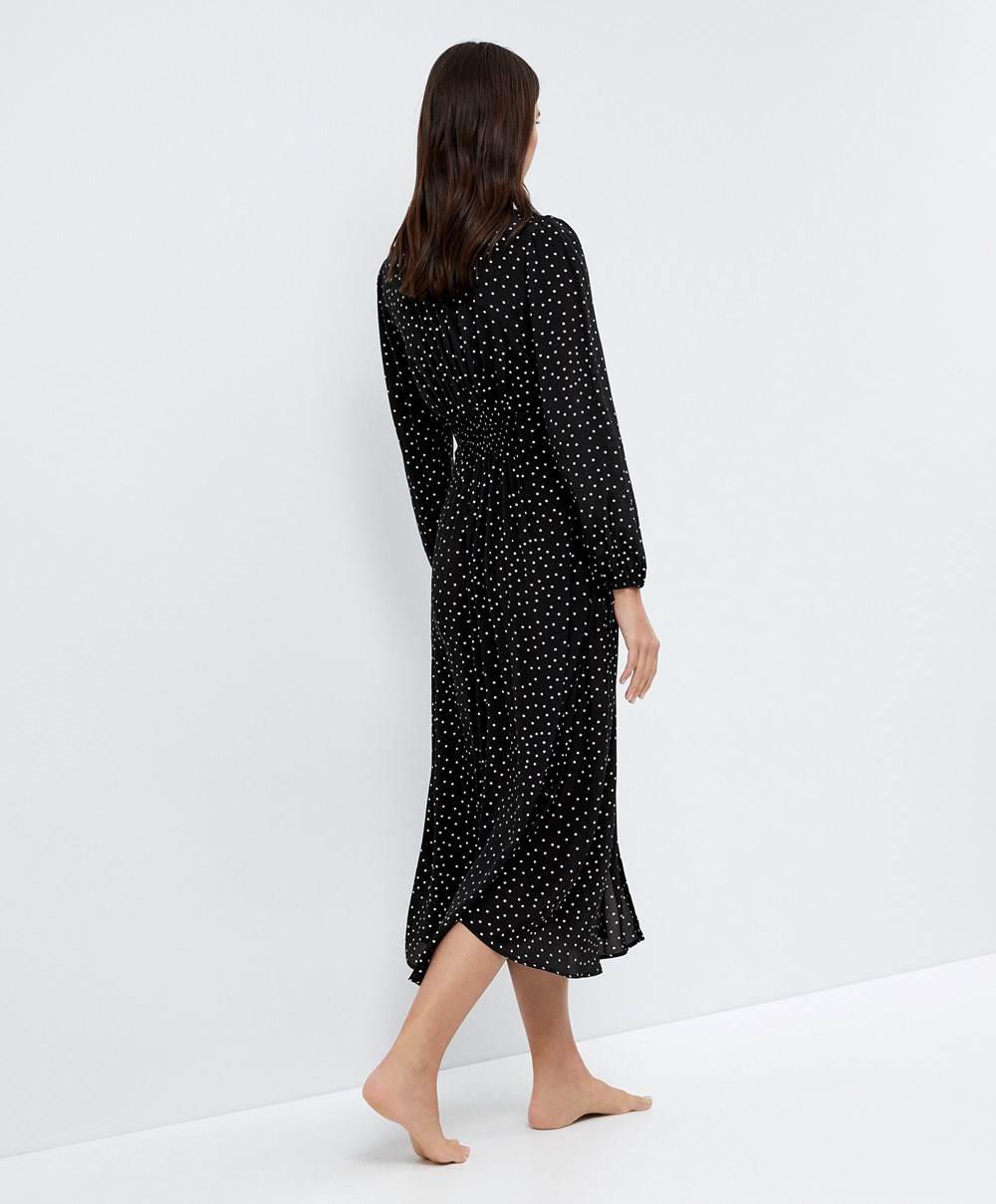 Oysho Dotted Long-sleeved Long Kjoler Svarte | JIQZ74203