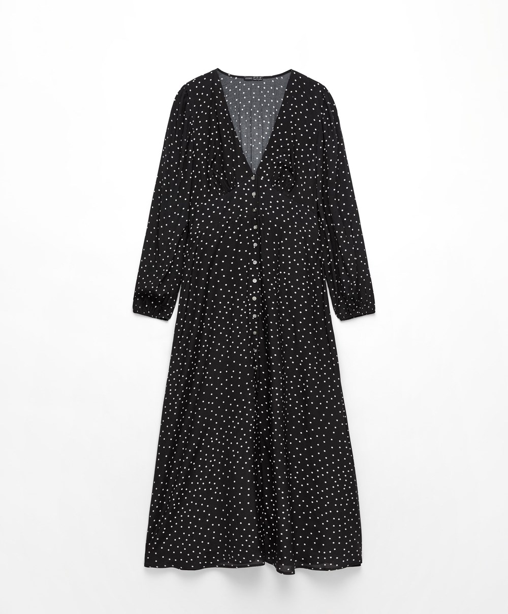 Oysho Dotted Long-sleeved Long Kjoler Svarte | JIQZ74203