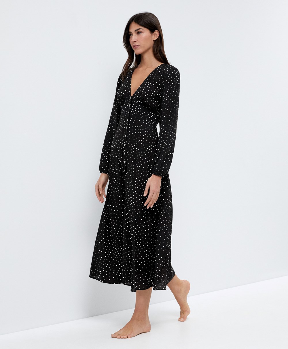 Oysho Dotted Long-sleeved Long Kjoler Svarte | JIQZ74203