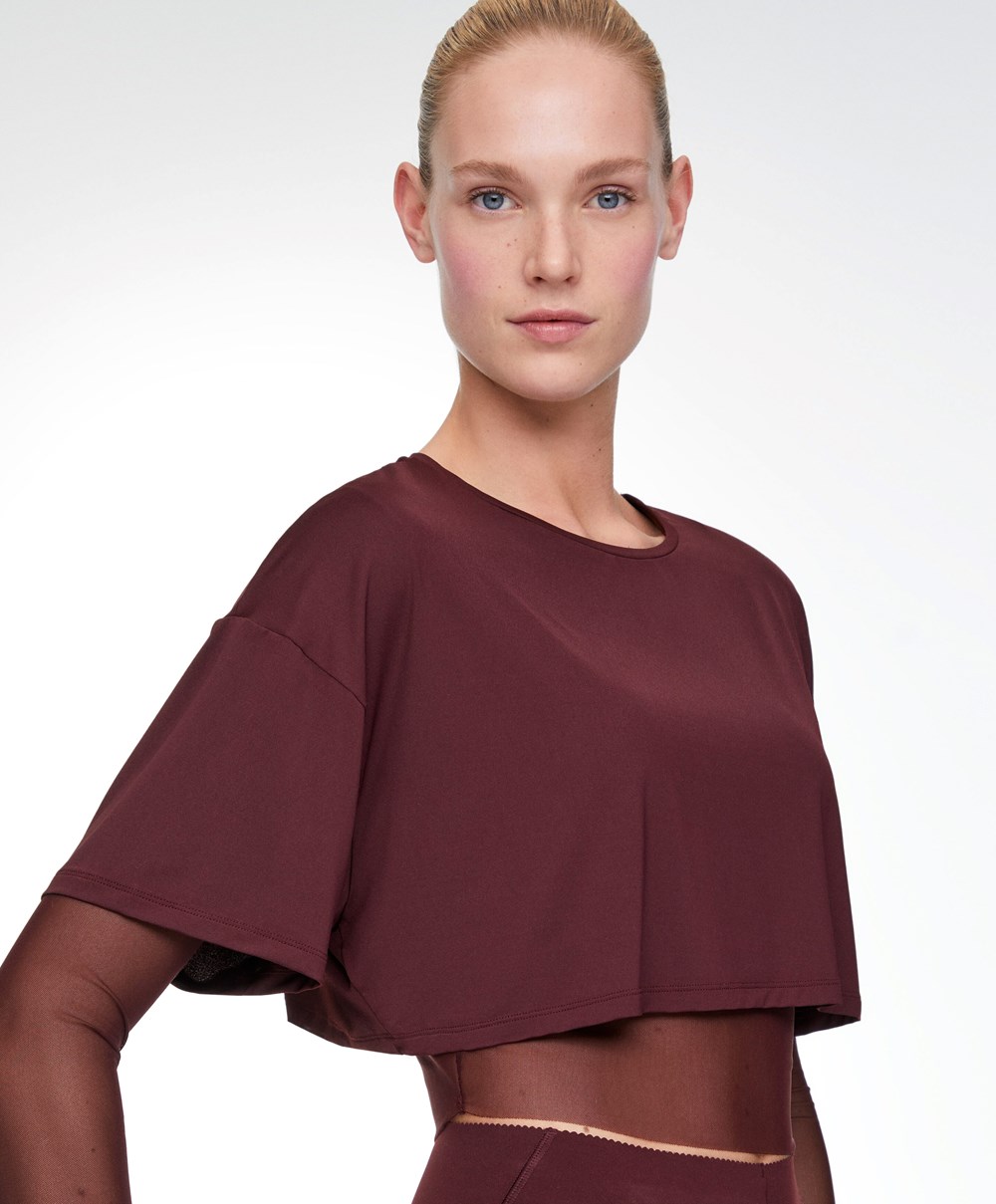 Oysho Double Mesh Top Burgunder | PEBG18473