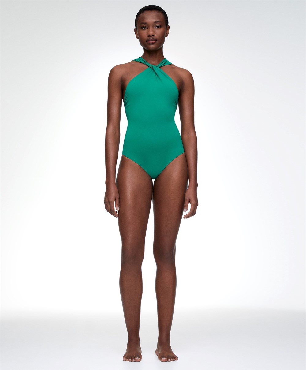 Oysho Draped Halter Swimsuit Grønn | XQFS27016