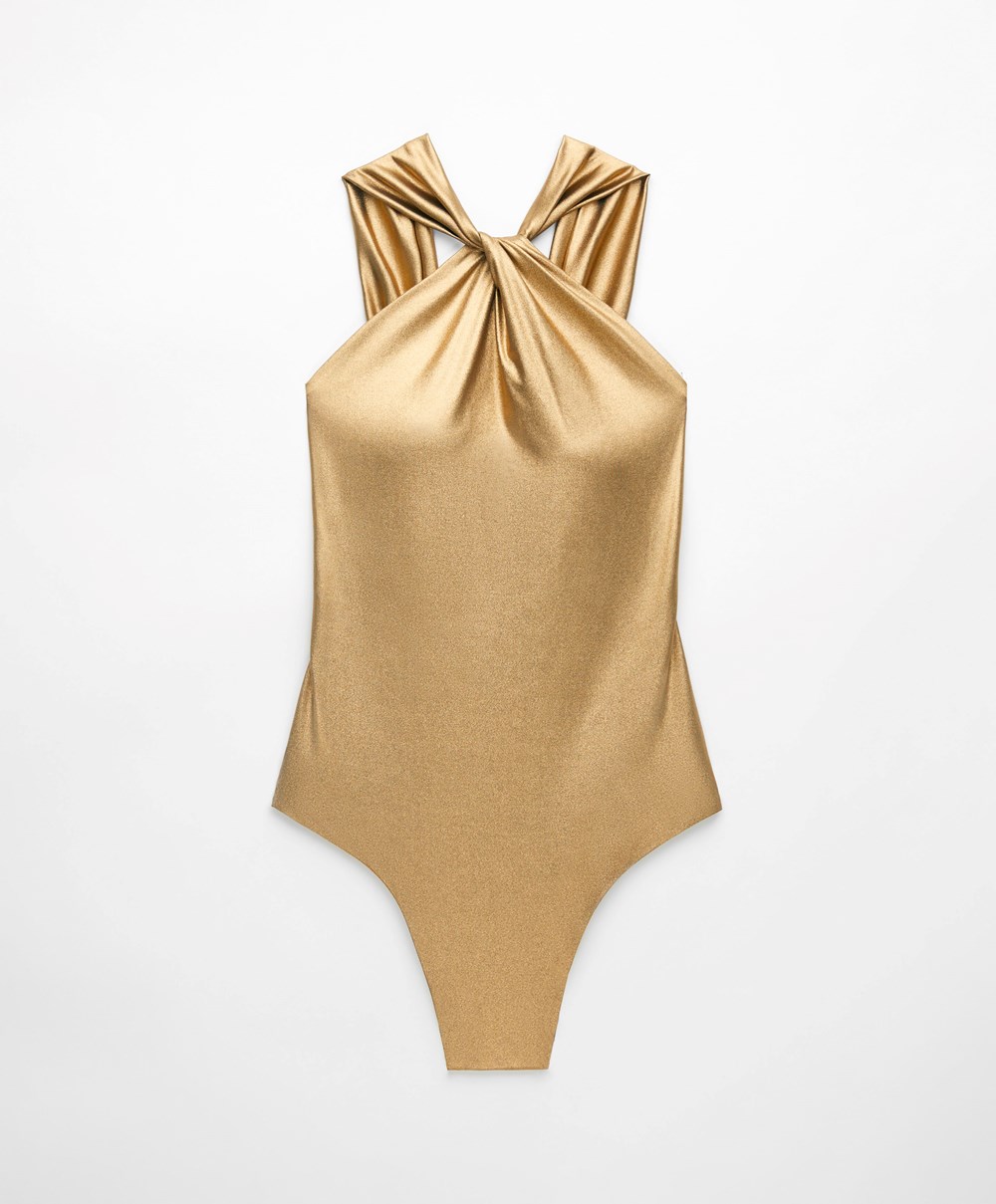 Oysho Draped Halter Swimsuit Gull | LKGM78049