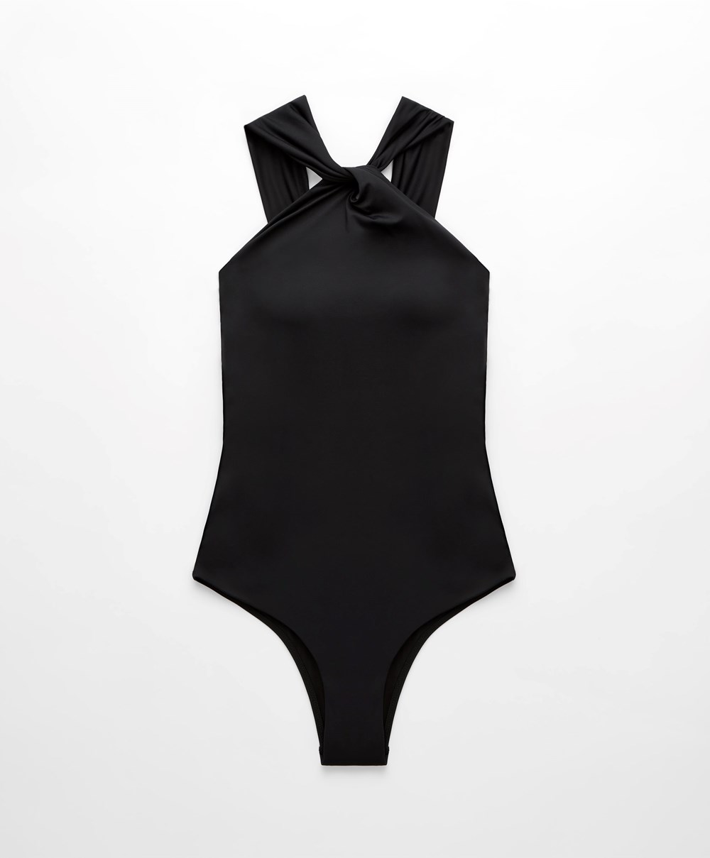 Oysho Draped Halter Swimsuit Svarte | TEZK67109