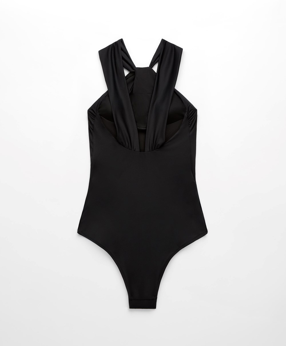 Oysho Draped Halter Swimsuit Svarte | TEZK67109