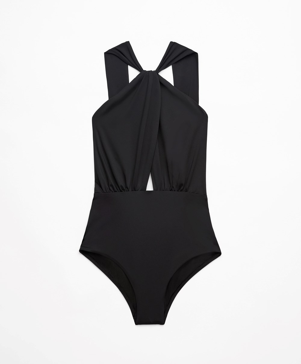 Oysho Draped Halter Swimsuit Svarte | ZDWJ68572