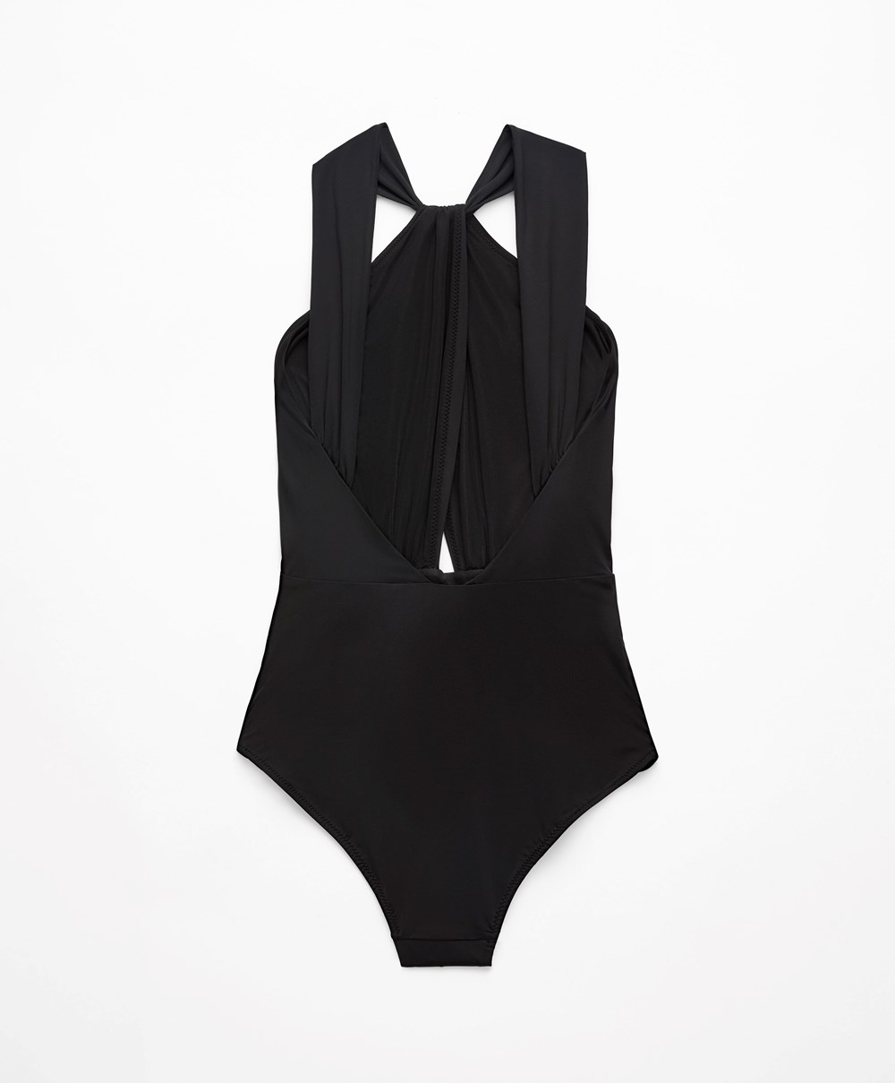 Oysho Draped Halter Swimsuit Svarte | ZDWJ68572