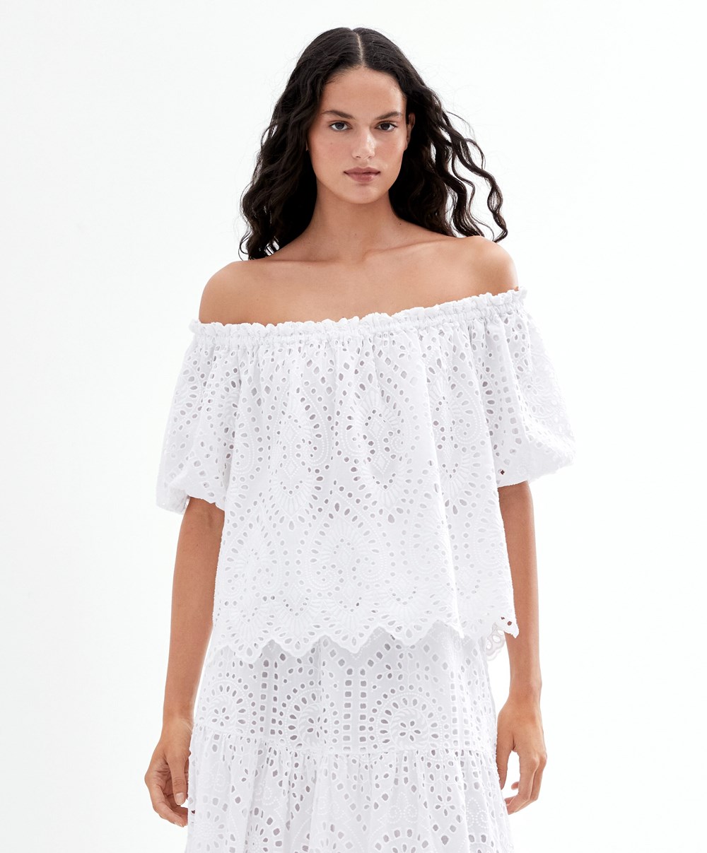 Oysho Embroidered 100% Bomull Off-shoulder Top Hvite | UZSO06748