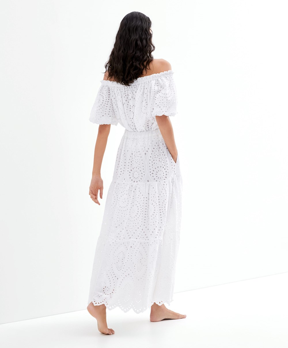 Oysho Embroidered 100% Bomull Off-shoulder Top Hvite | YOCN09678