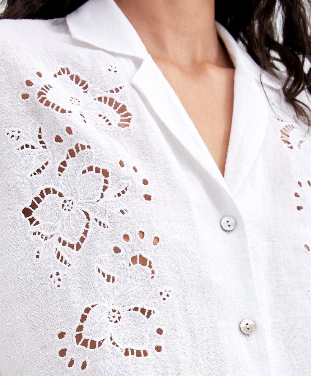 Oysho Embroidered 100% Linen Kort-sleeved Shirt Hvite | FZKT01769