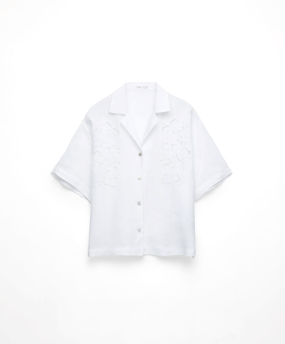 Oysho Embroidered 100% Linen Kort-sleeved Shirt Hvite | FZKT01769