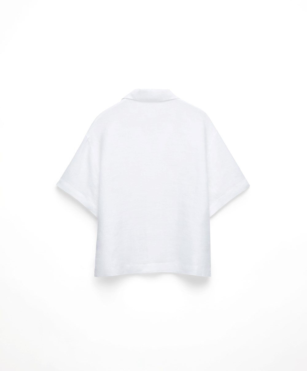 Oysho Embroidered 100% Linen Kort-sleeved Shirt Hvite | FZKT01769