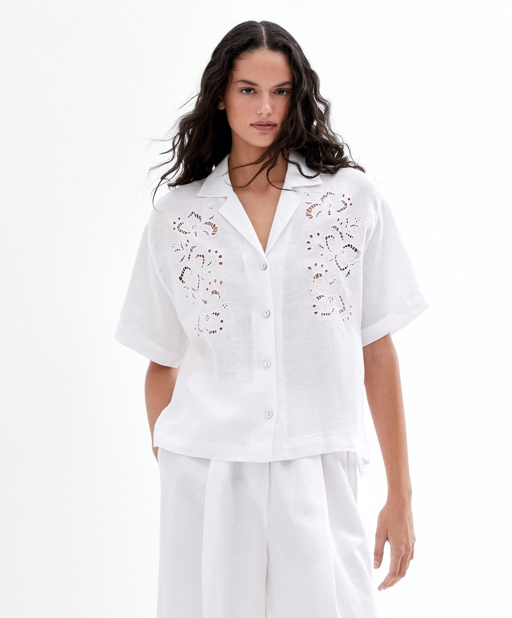 Oysho Embroidered 100% Linen Kort-sleeved Shirt Hvite | FZKT01769