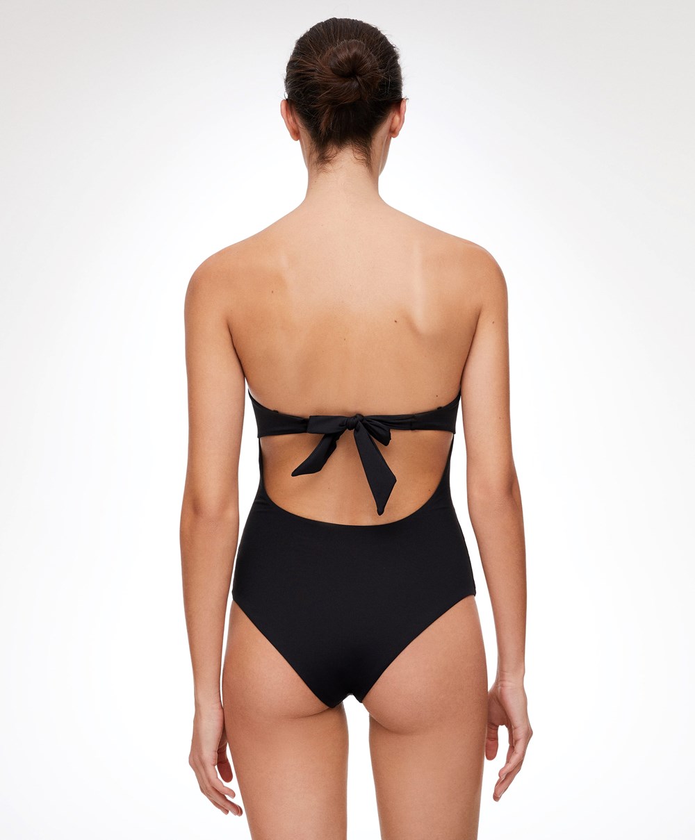 Oysho Embroidered Bandeau Swimsuit Svarte | GITO42659