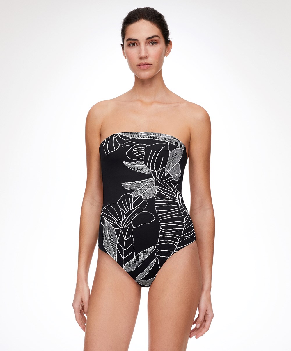 Oysho Embroidered Bandeau Swimsuit Svarte | GITO42659