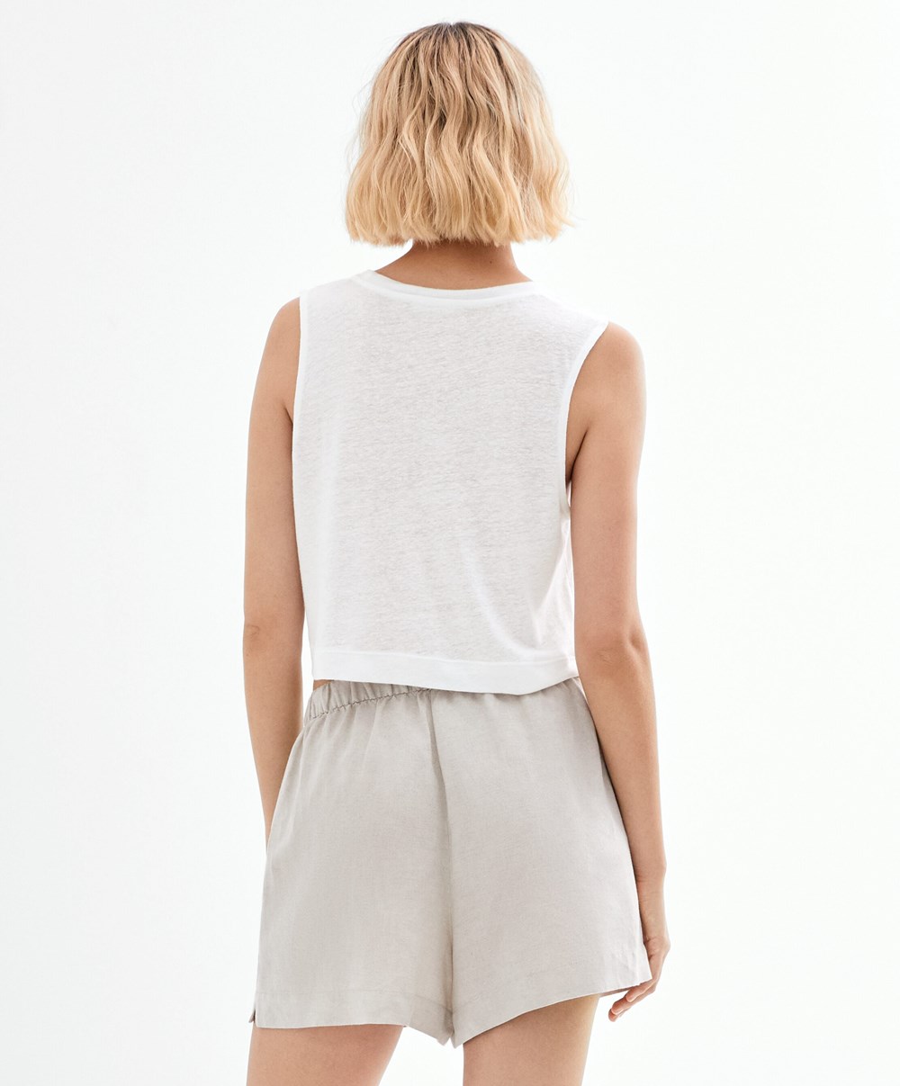 Oysho Ermeløse Linen T-shirt Hvite | JRTP71053