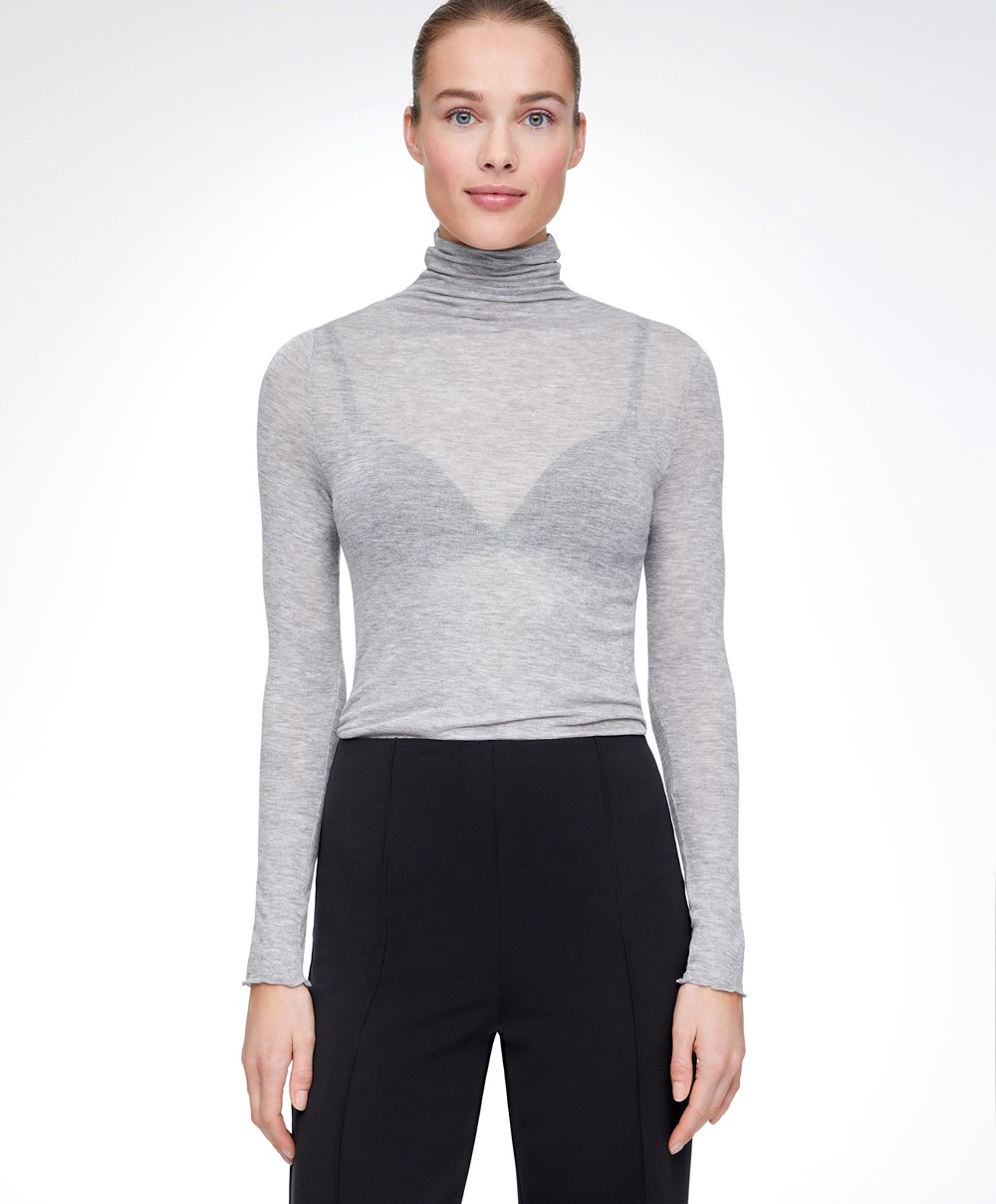 Oysho Extra-fine Long-sleeved T-shirt With High Neck Grå | FSJU75089