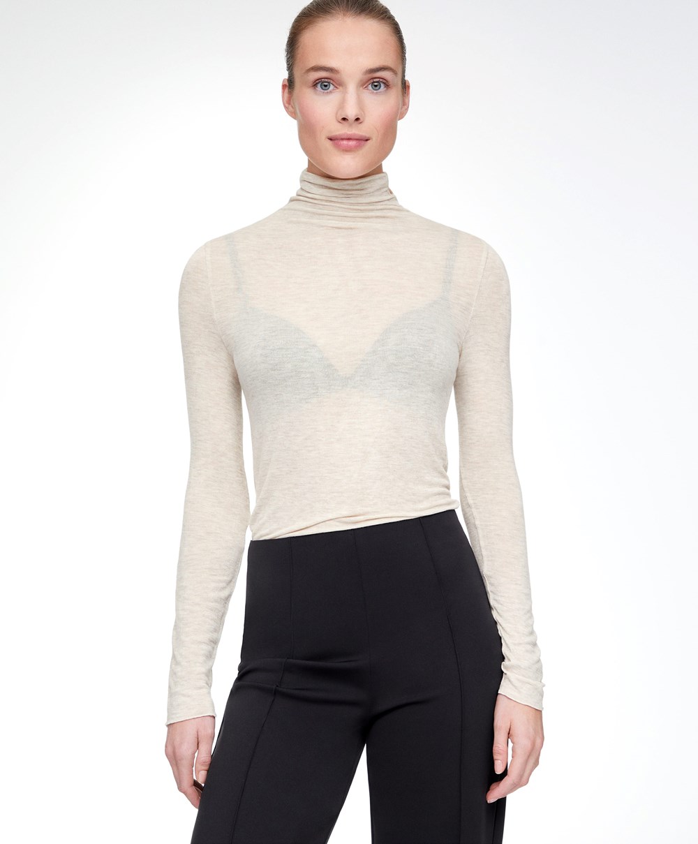 Oysho Extra-fine Long-sleeved T-shirt With High Neck Sand Melange | LRYQ31642