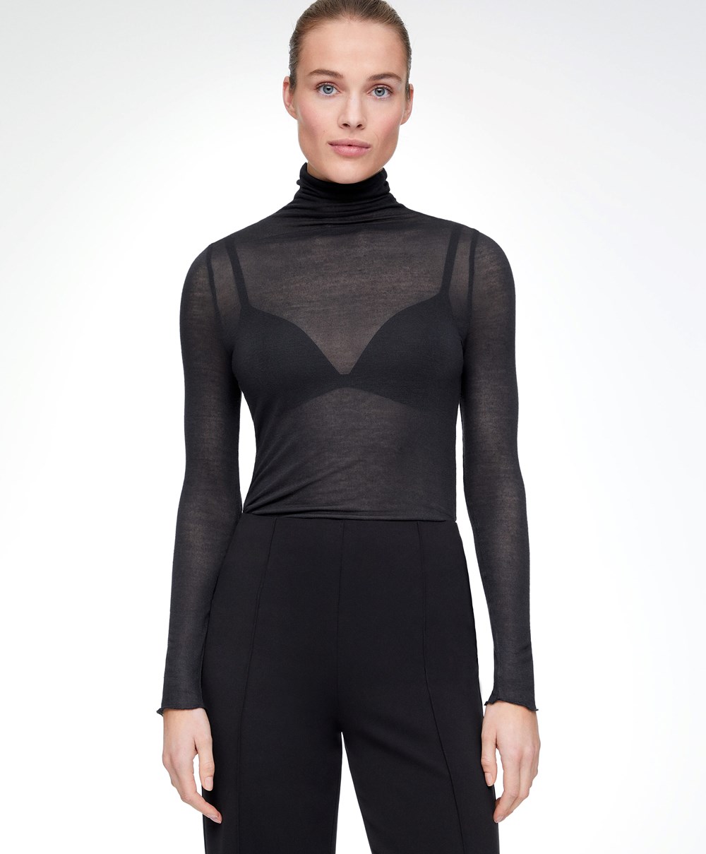 Oysho Extra-fine Long-sleeved T-shirt With High Neck Anthracite | XAJI25647