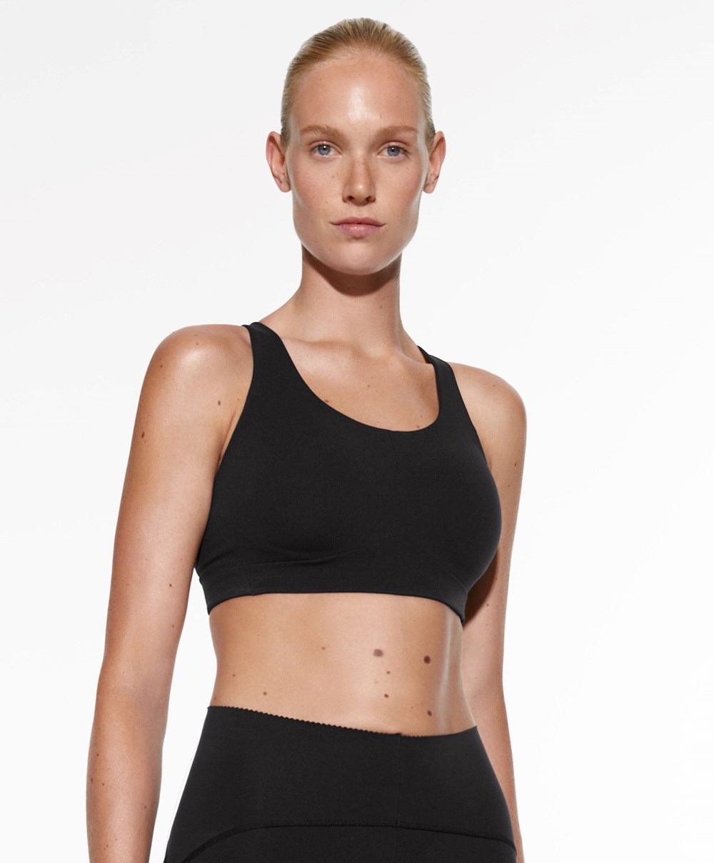 Oysho Firm Support Compressive Sports Bra Svarte | MFNX93740