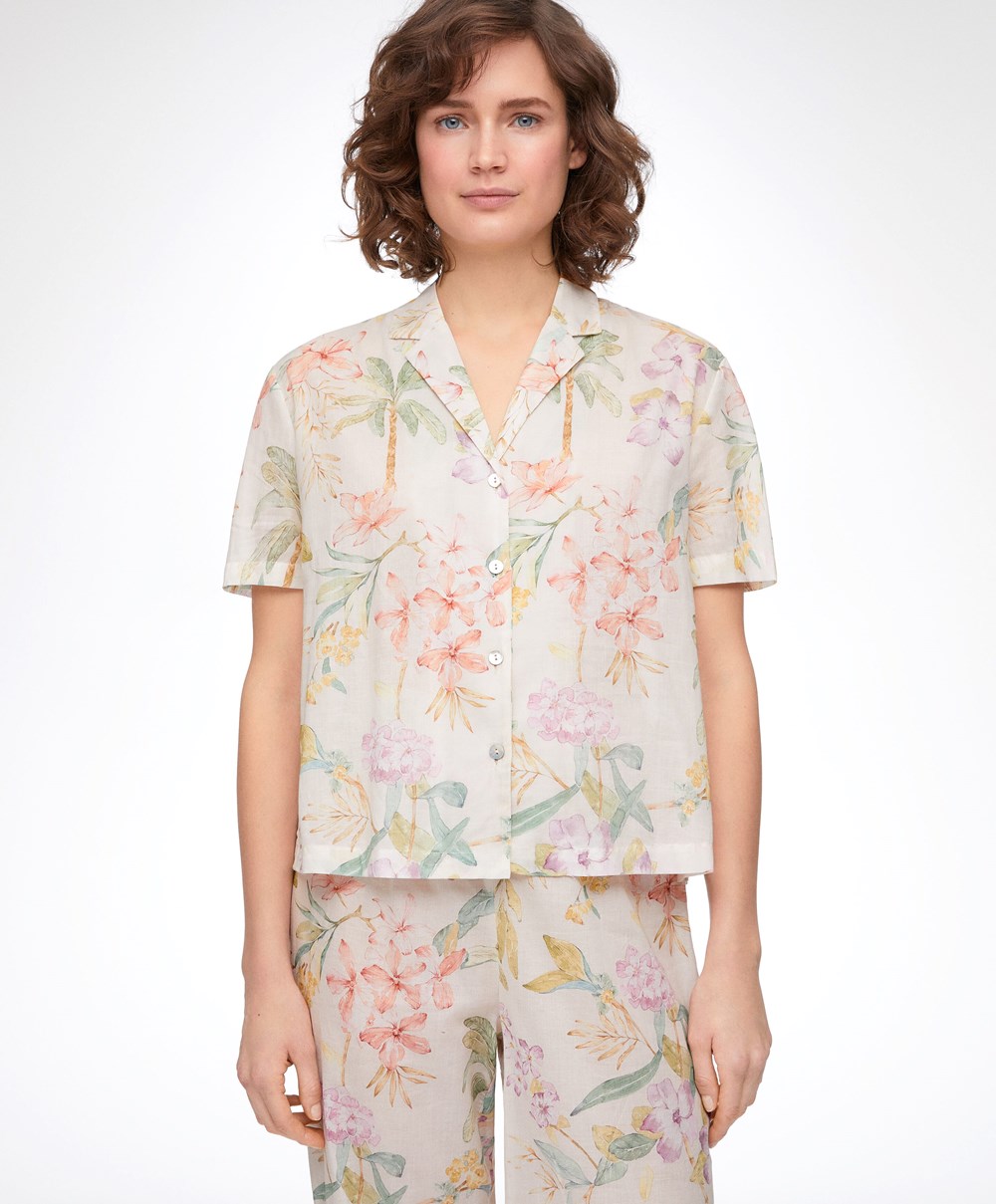 Oysho Floral 100% Bomull Kort-sleeved Shirt Vanilla | DKUA26598