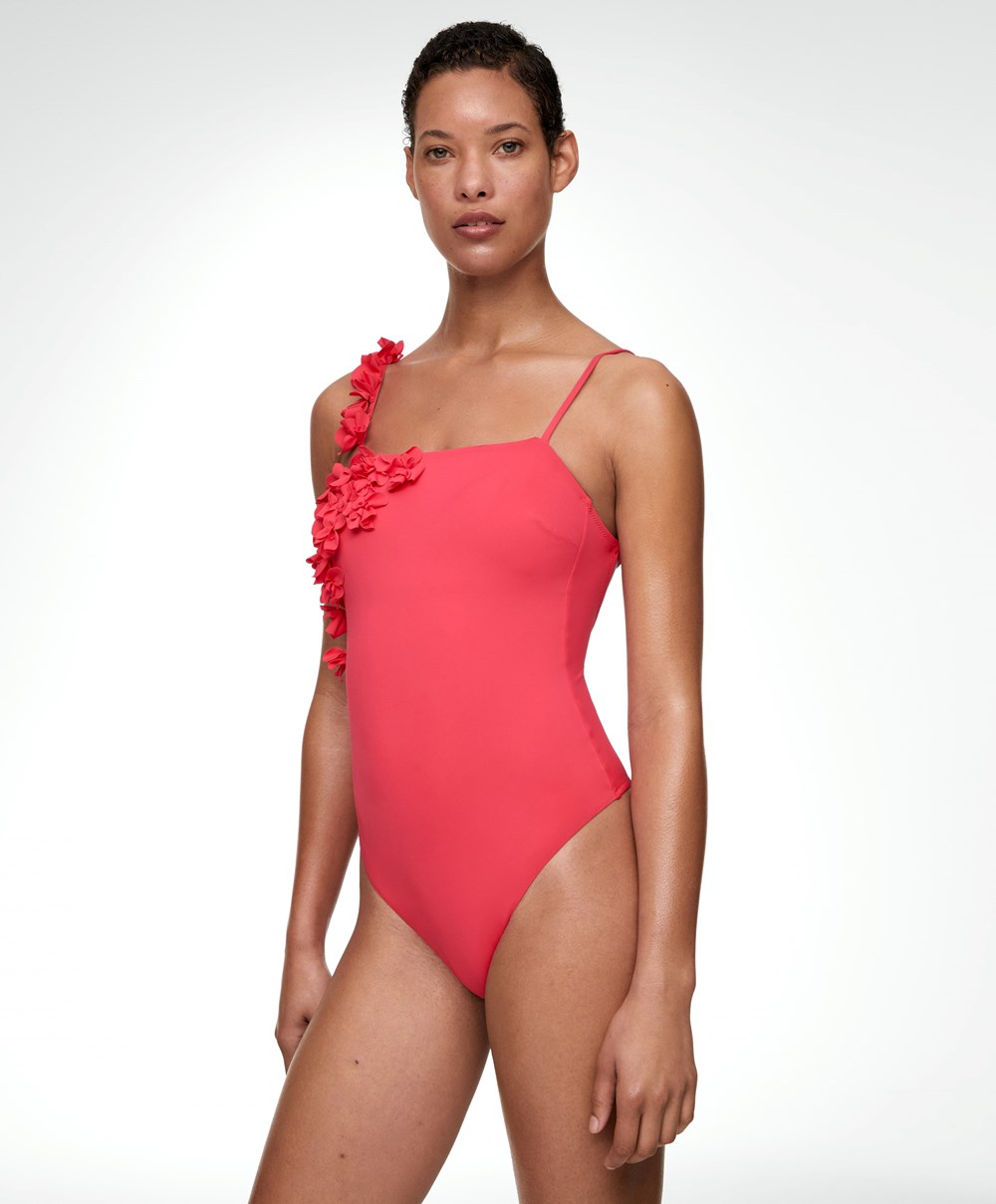 Oysho Floral Appliqué Bandeau Swimsuit Korall | JMTK64890