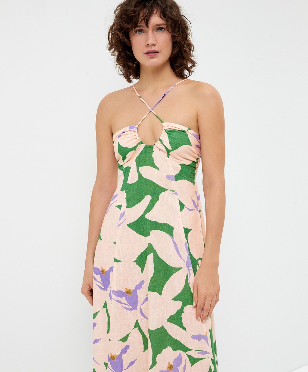 Oysho Floral Linen Strappy Long Kjoler Grønn | HIAC70958