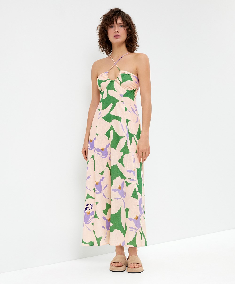 Oysho Floral Linen Strappy Long Kjoler Grønn | HIAC70958