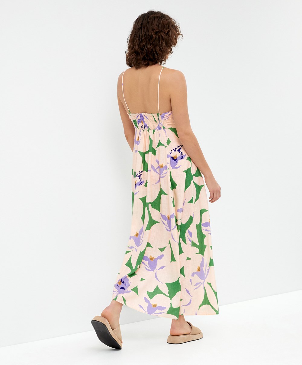 Oysho Floral Linen Strappy Long Kjoler Grønn | HIAC70958