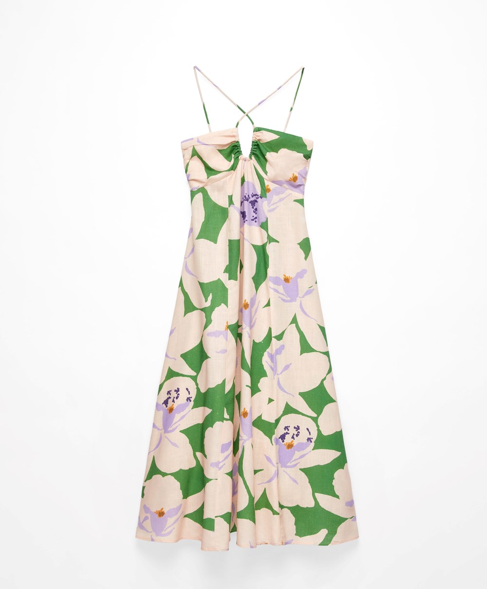 Oysho Floral Linen Strappy Long Kjoler Grønn | HIAC70958