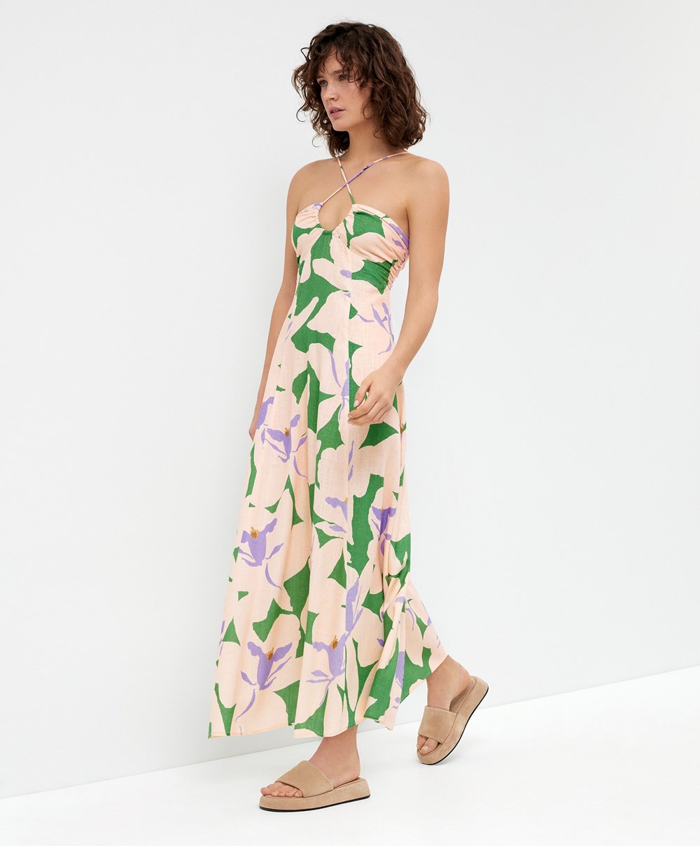 Oysho Floral Linen Strappy Long Kjoler Grønn | HIAC70958