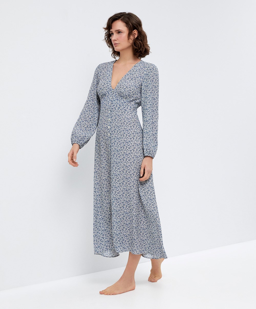 Oysho Floral Long-sleeved Midi Kjoler Ecru | JZTV52973