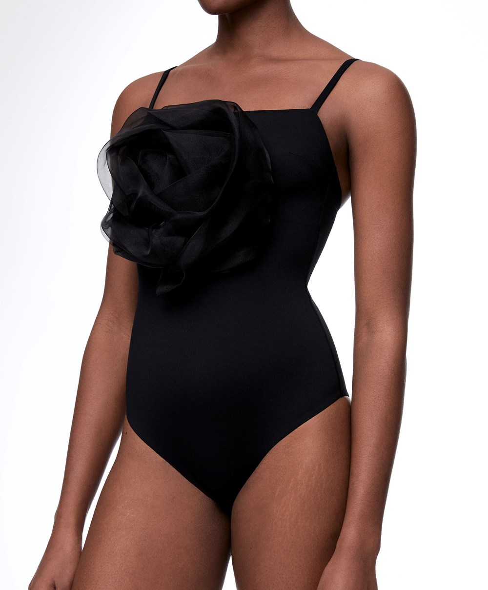 Oysho Floral Organza Swimsuit Svarte | BZWR32647