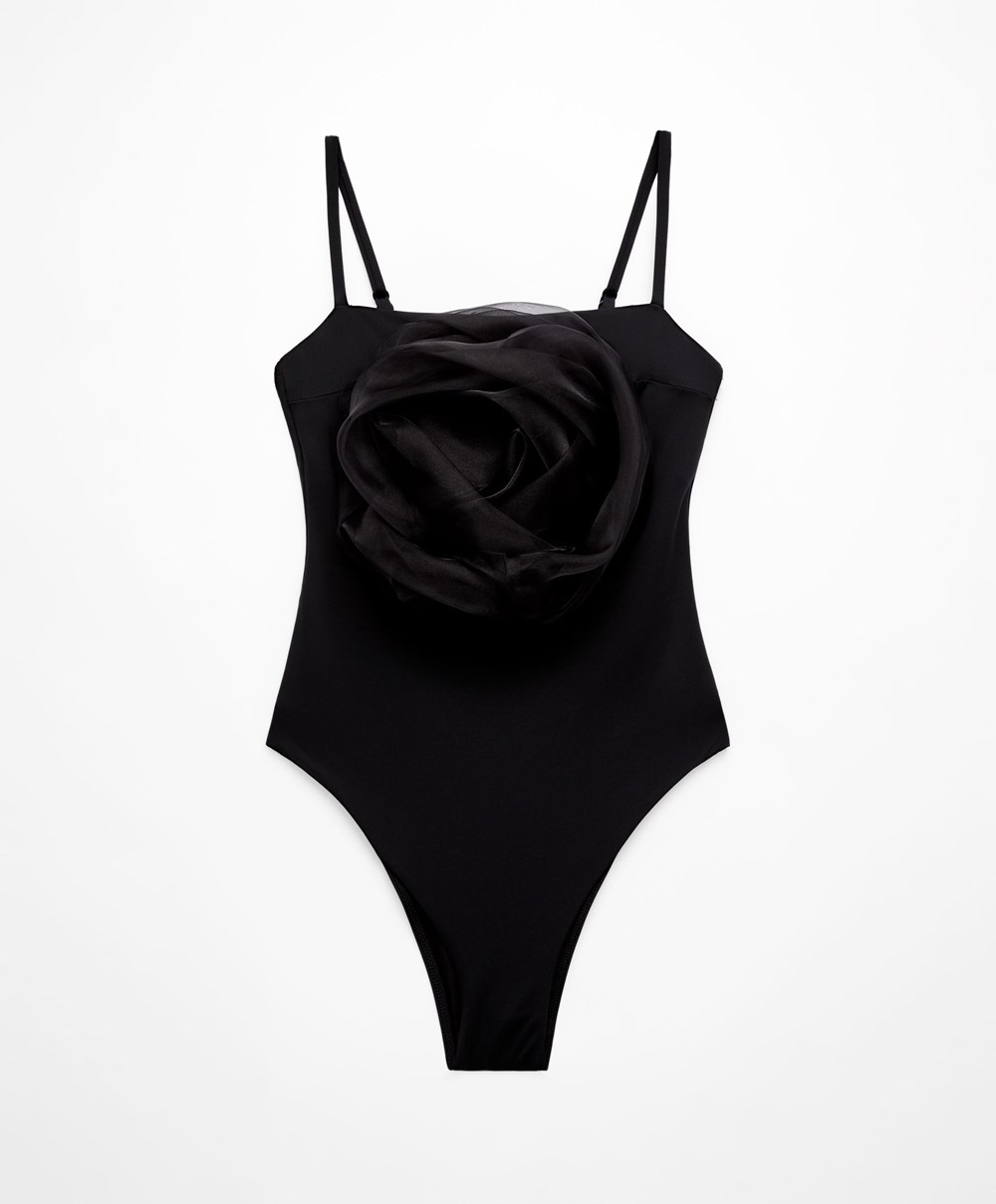 Oysho Floral Organza Swimsuit Svarte | BZWR32647