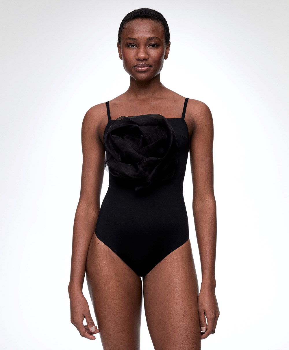 Oysho Floral Organza Swimsuit Svarte | BZWR32647