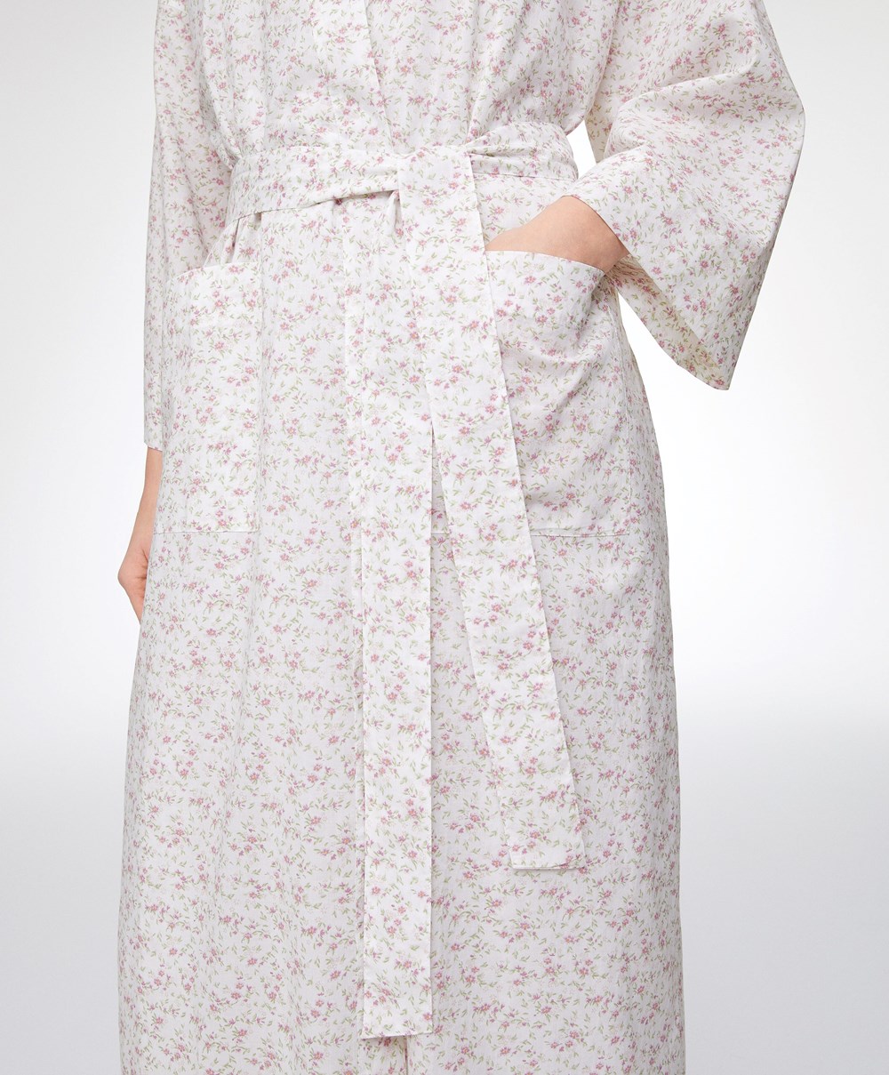 Oysho Floral Print 100% Bomull Dressing Gown Mid-rosette | HBKC87619