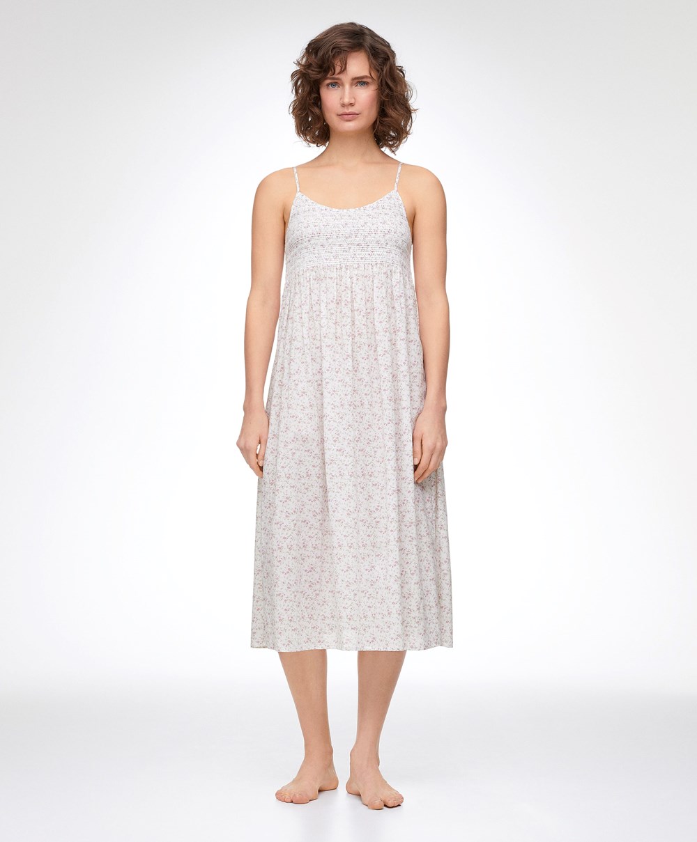 Oysho Floral Print 100% Bomull Midi Nightdress Mid-rosette | HBMG05674