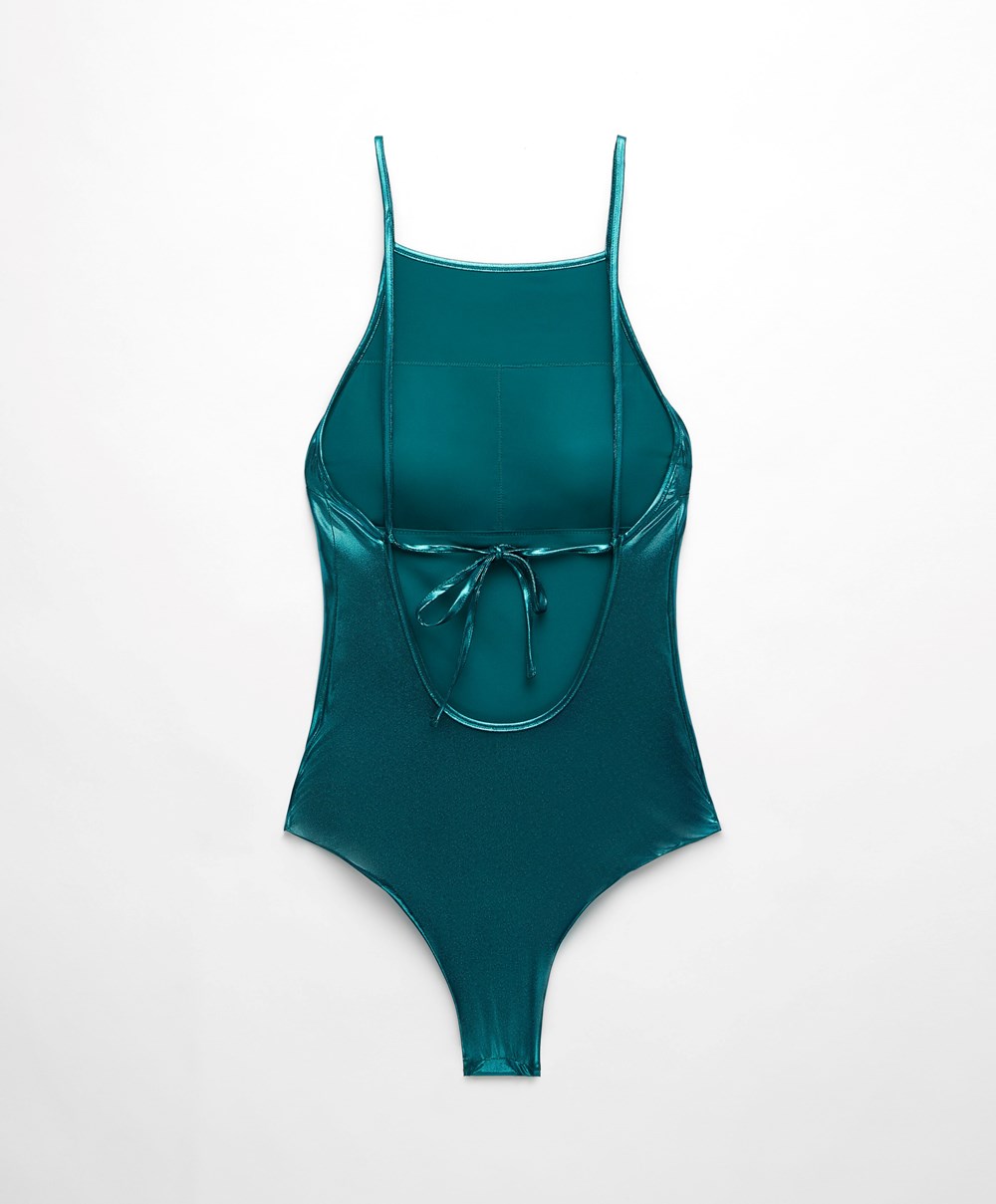 Oysho Foil Halter Swimsuit Grønn | VRLU70519