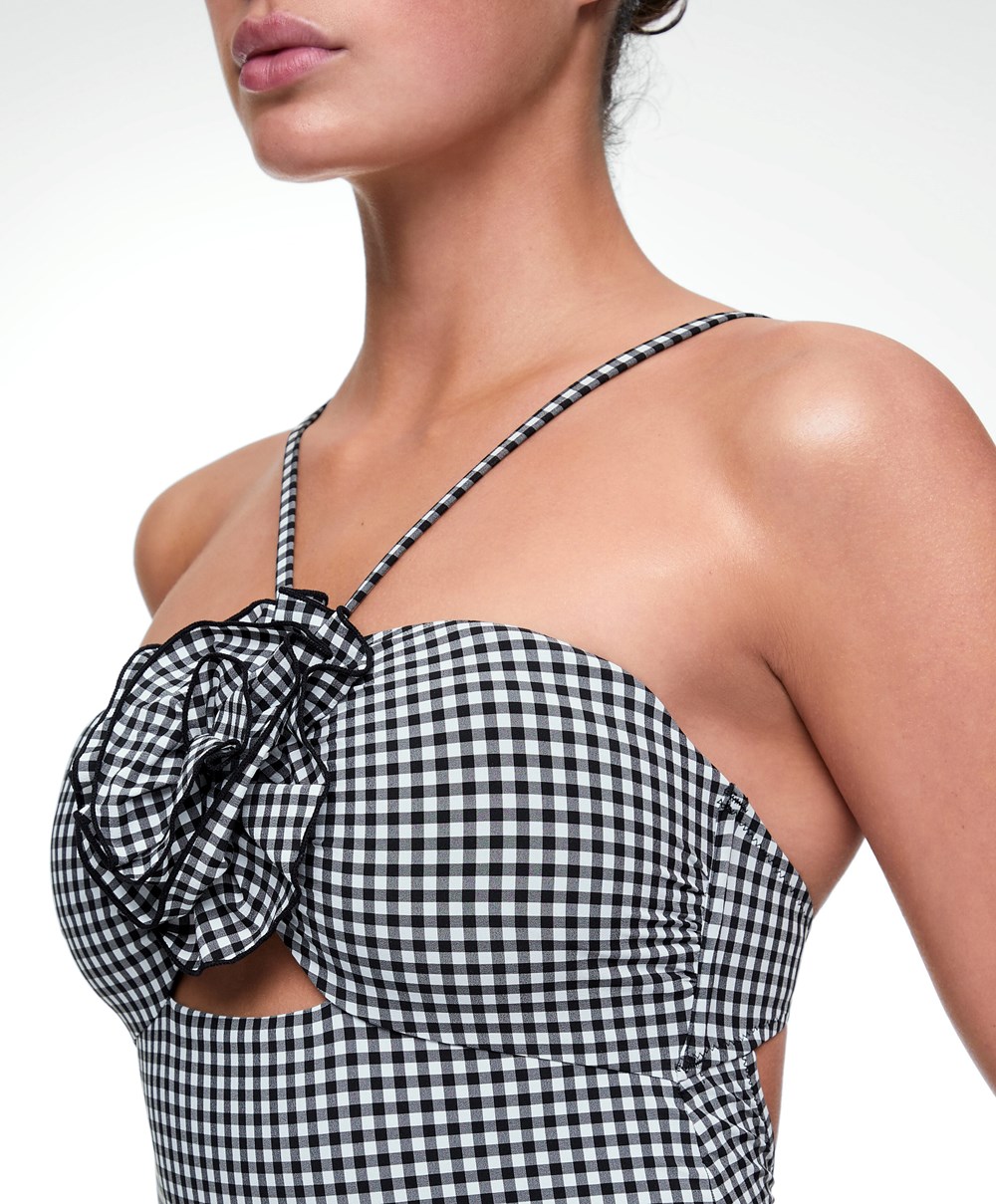 Oysho Gingham Cut-out Swimsuit Svarte | ZSQU54826